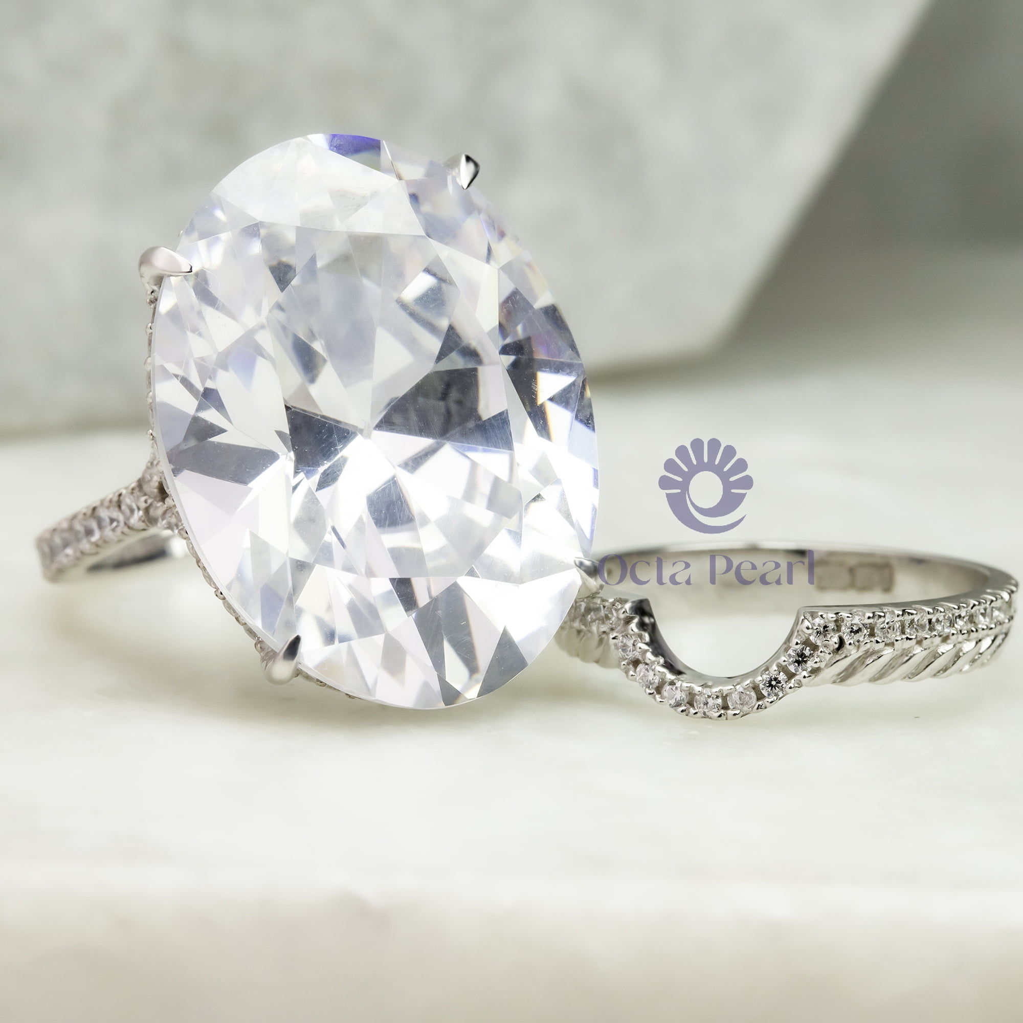 White Gold Over Halo Wedding Ring Set For Women