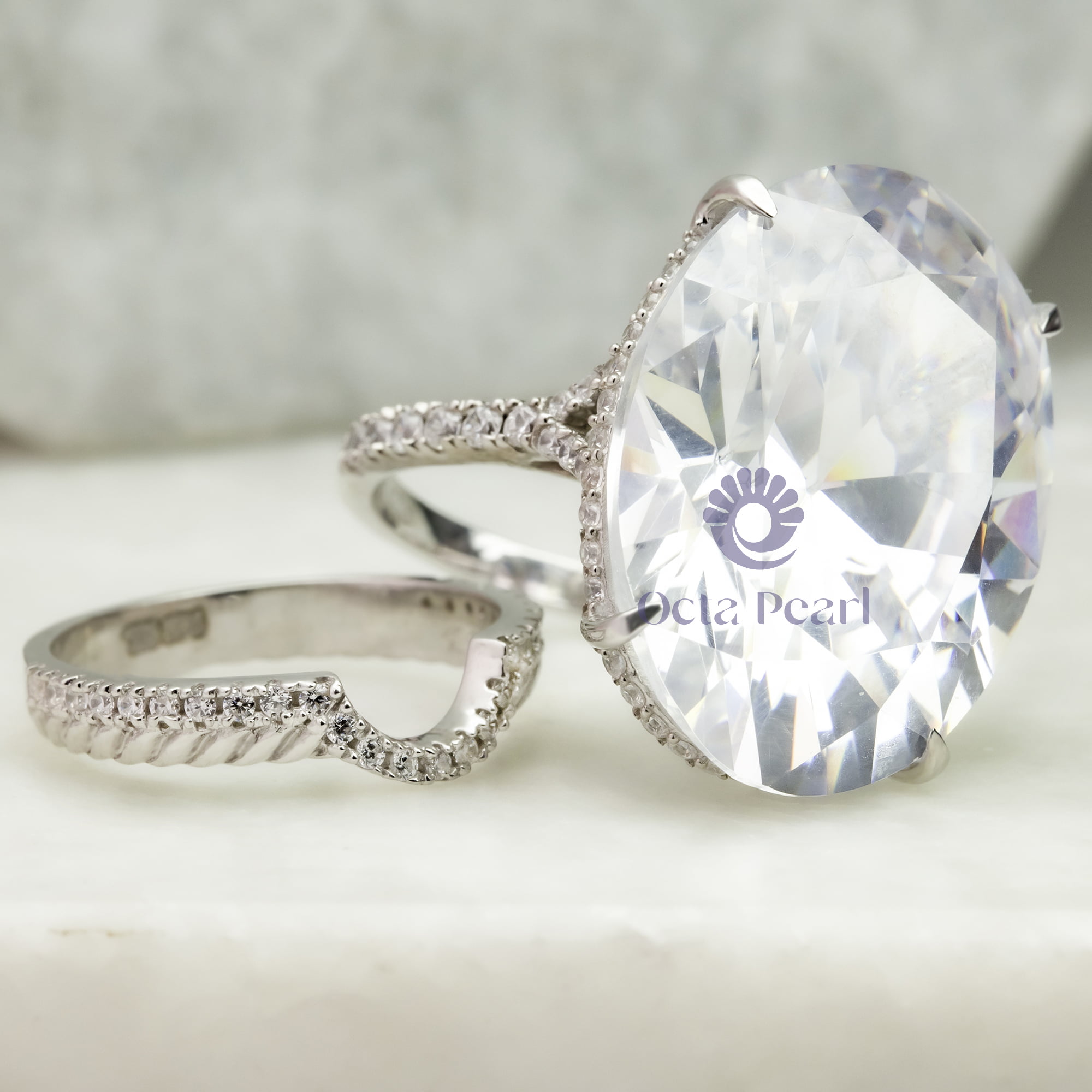 White Gold Over Halo Wedding Ring Set For Women