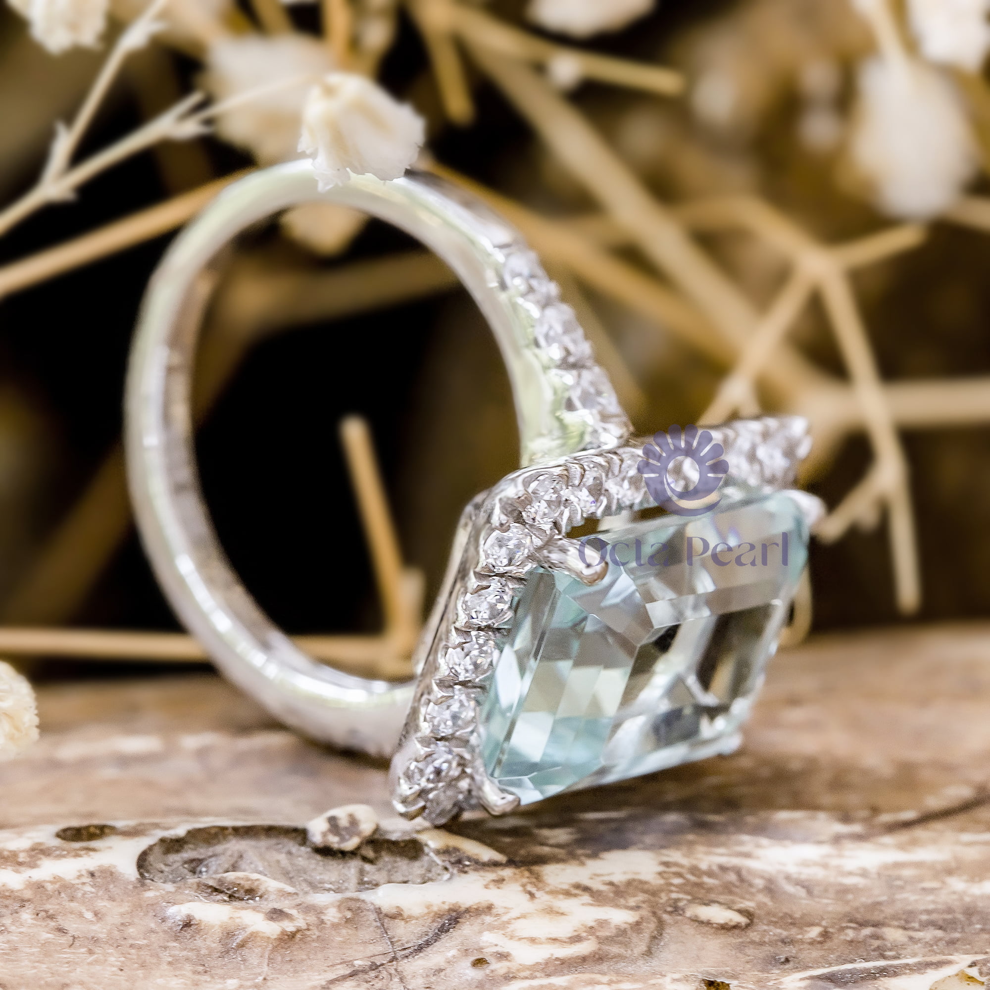 Emerald Cut Aqua-Blue Stone Halo Engagement Ring For Women (7 4/5 TCW)
