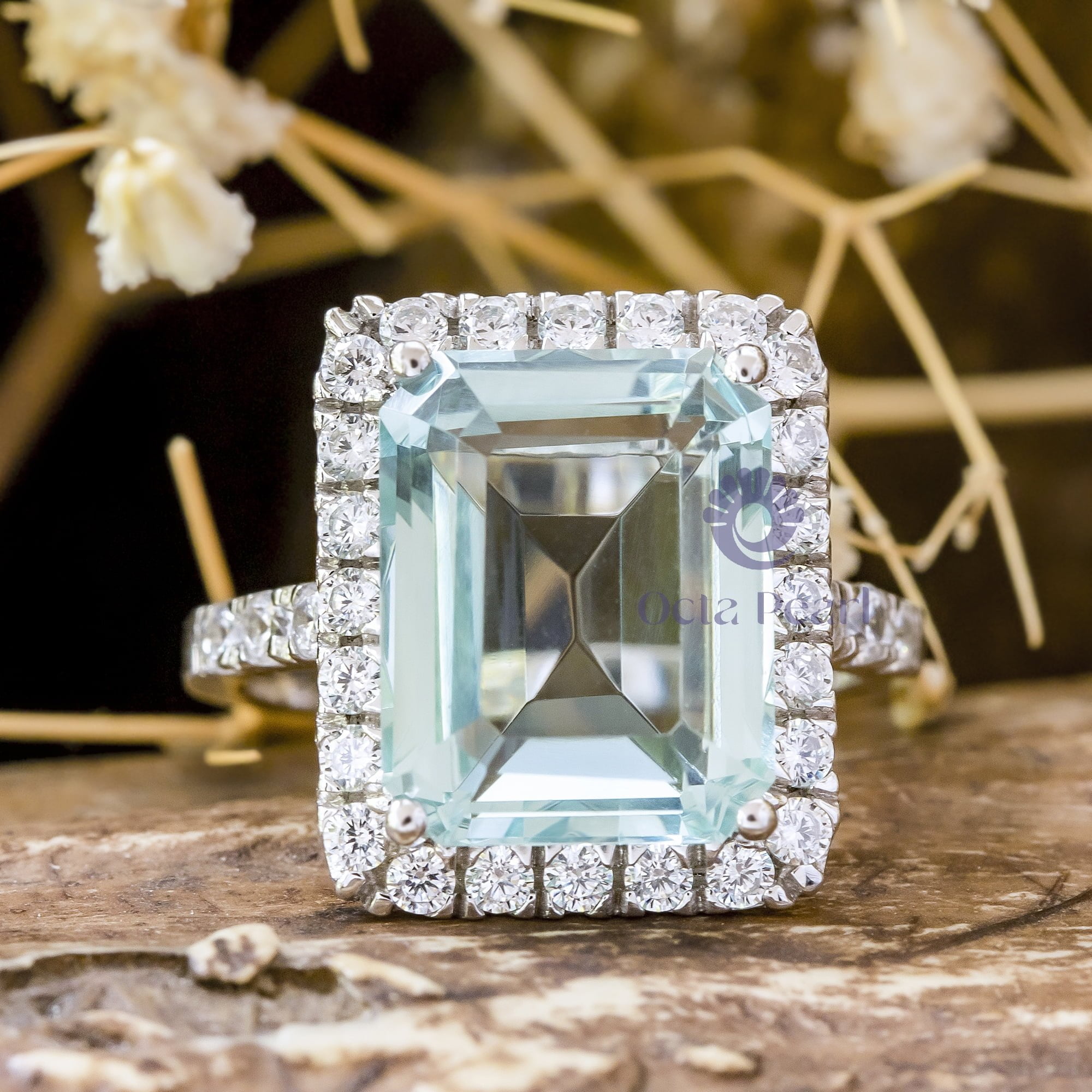 Emerald Cut Aqua-Blue Stone Engagement Ring For Women