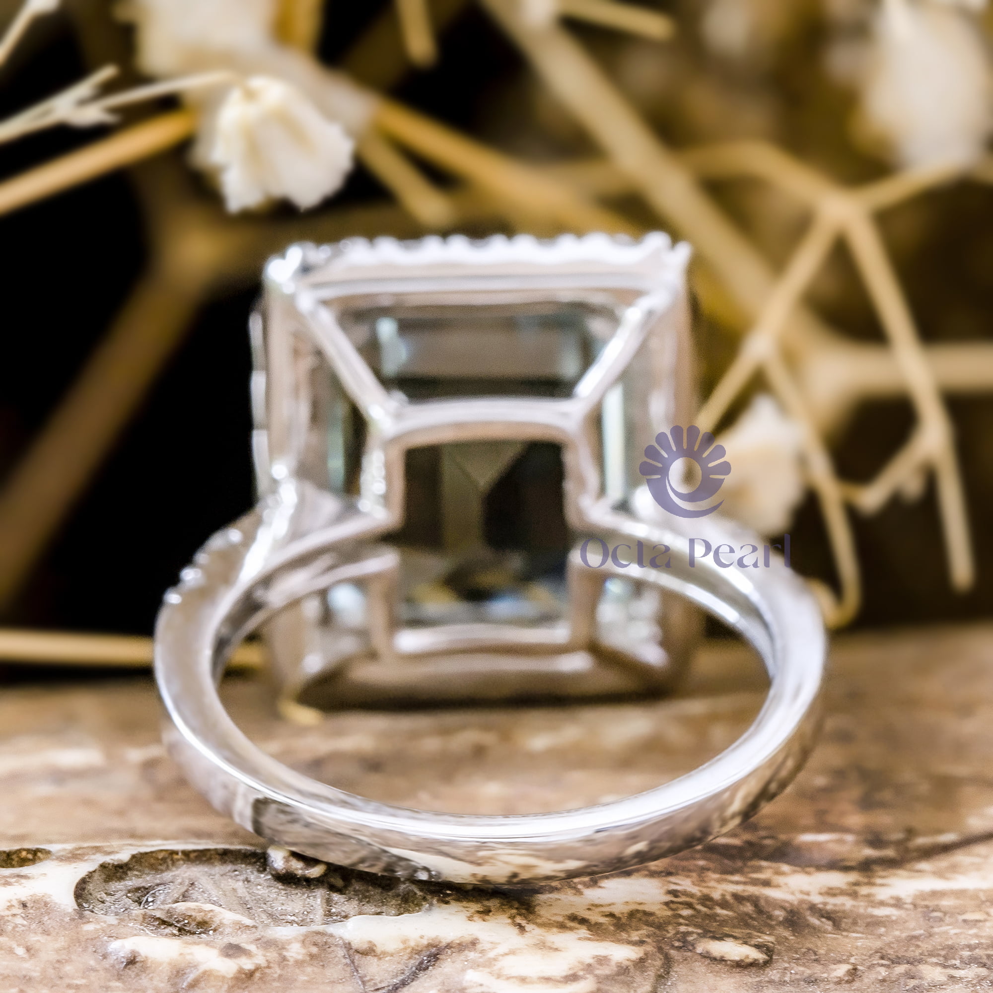 Emerald Cut Aqua-Blue Stone Halo Engagement Ring For Women