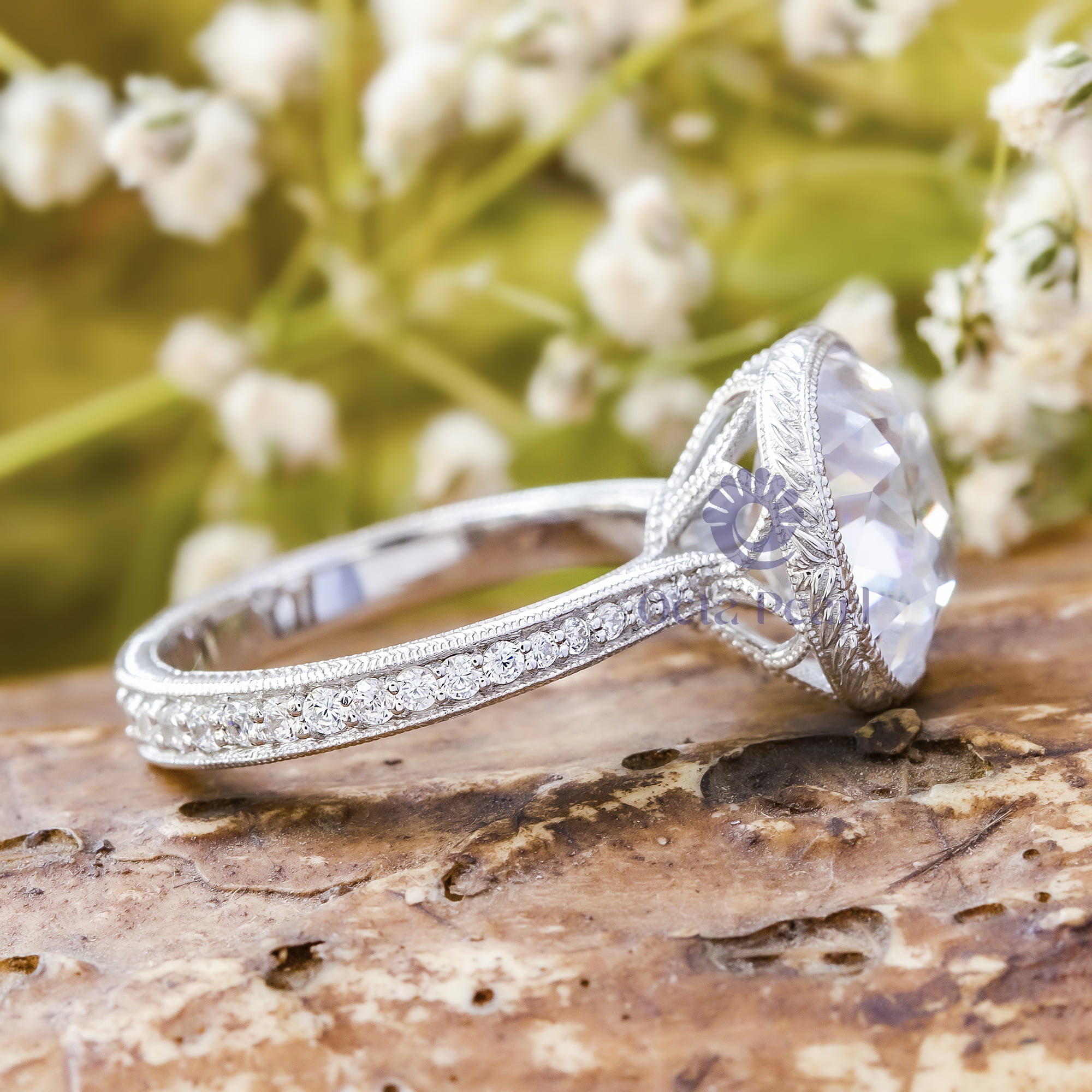 12 MM Old Mine Cut CZ Stone Milgrain Bezel Set Art Deco Wedding Ring For Women
