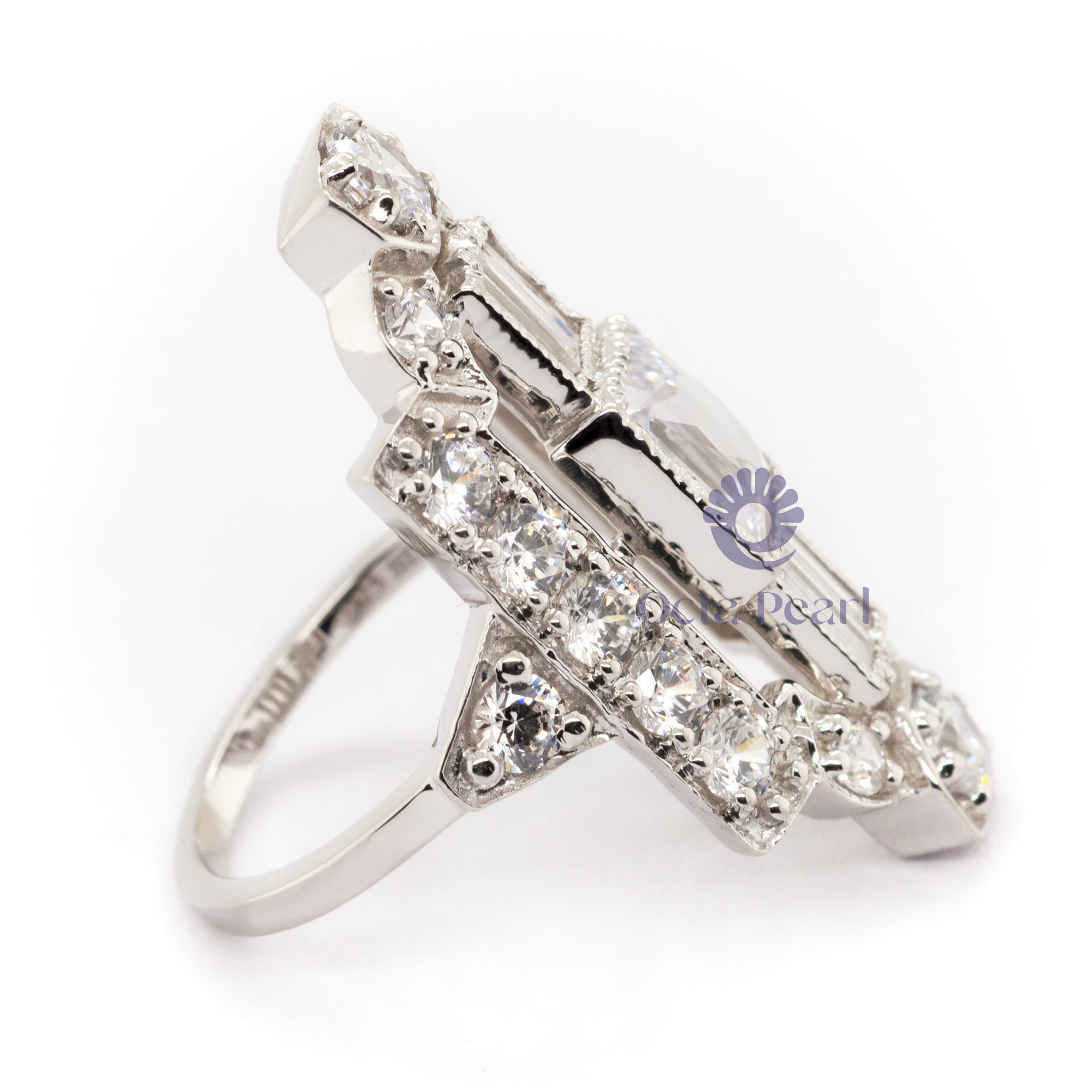 Radiant & Baguette Cut CZ Stone Vintage Look Art Deco Wedding Ring