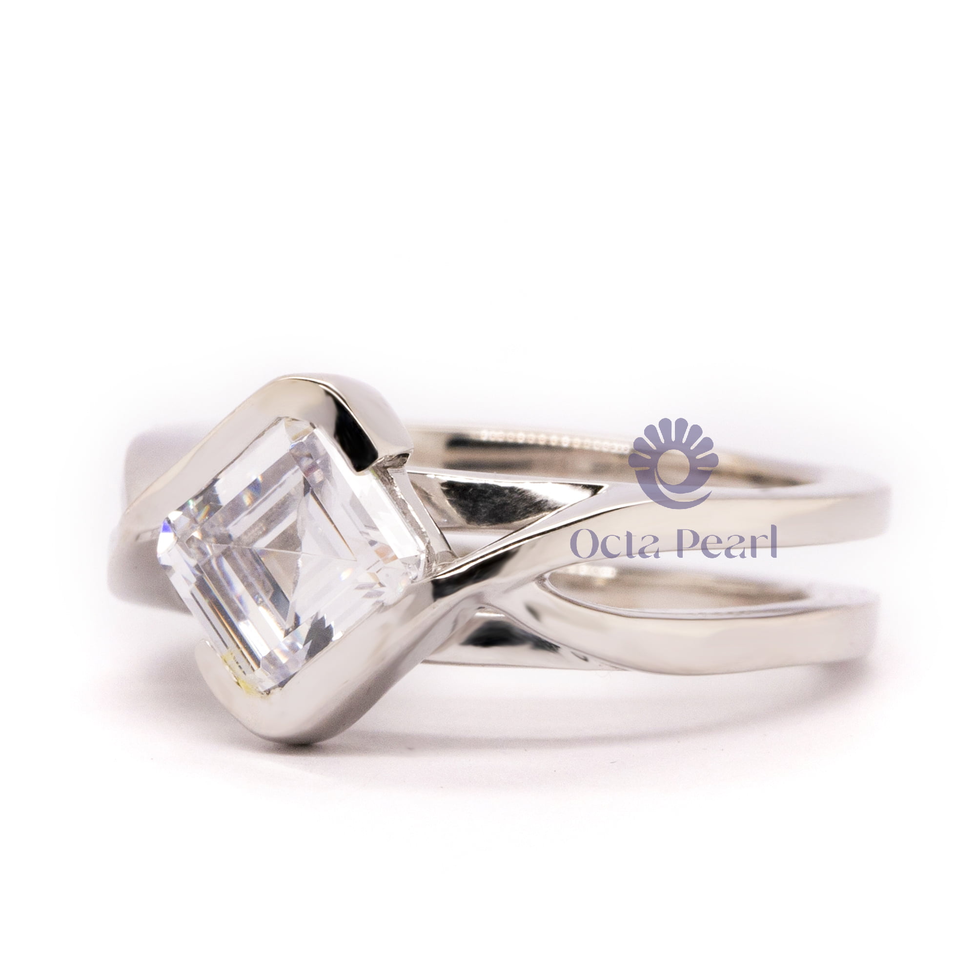 Asscher Cut Moissanite Solitaire Twisted Shank Wedding & Engagement Ring