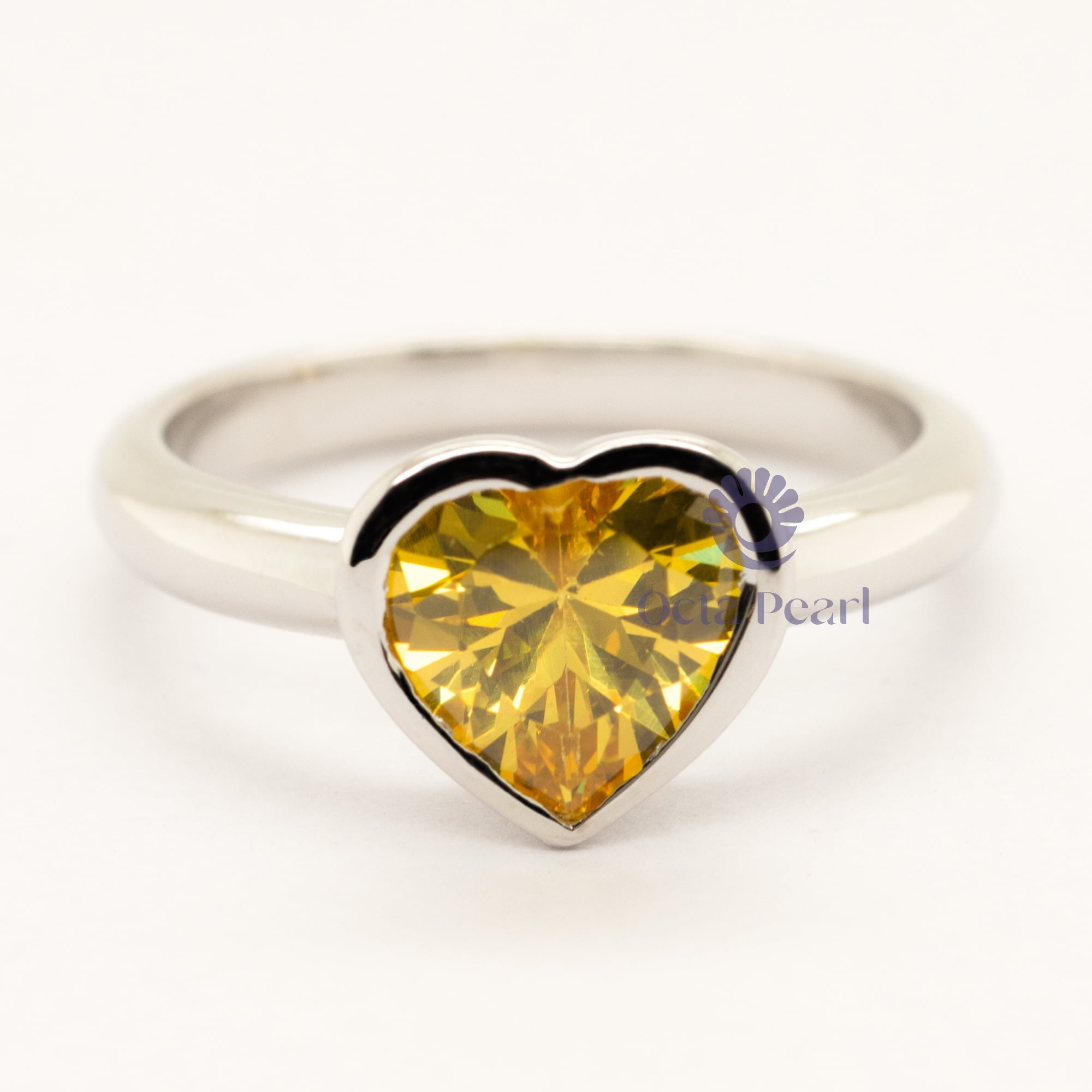 Yellow Heart Cut Bezel Set CZ Stone Anniversary Gift Ring For Wife (4/2 TCW)