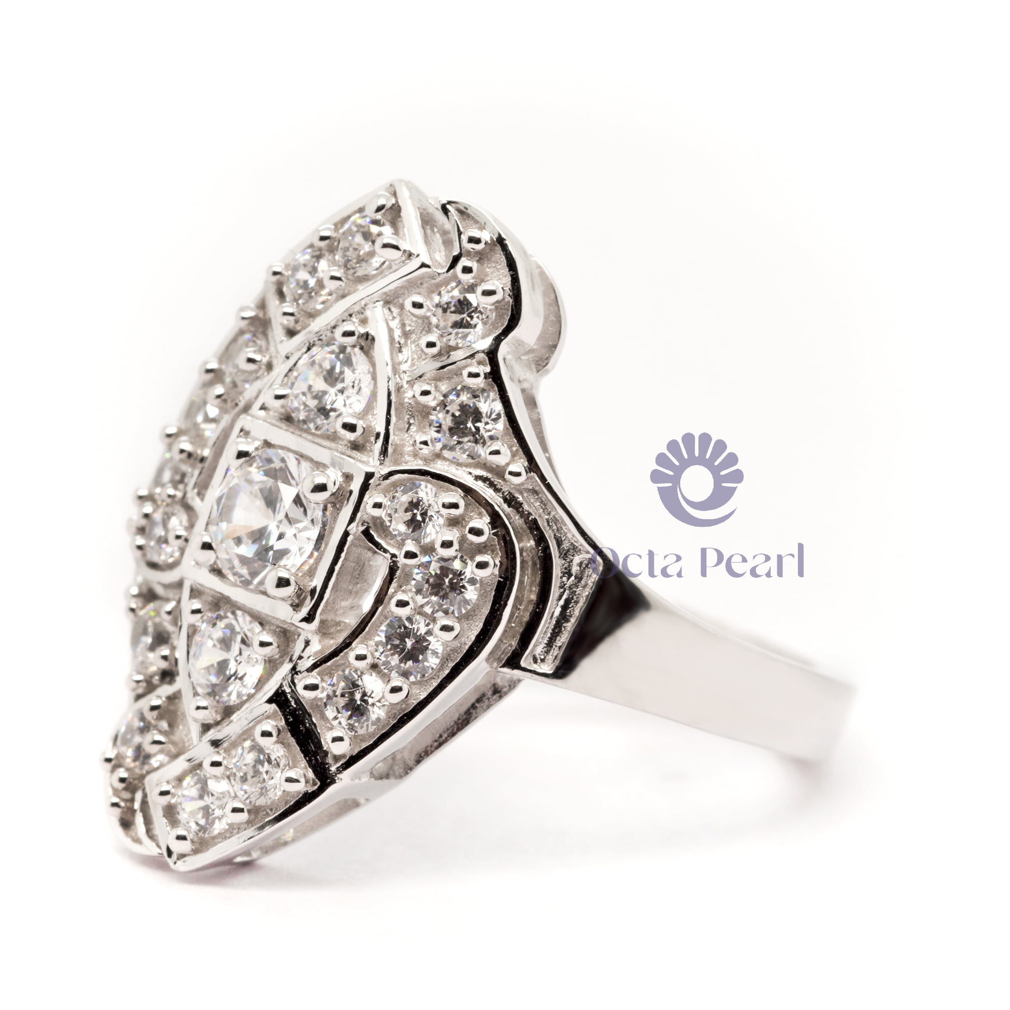Round Cut Moissanite Vintage Art Deco Filigree Style Navette Women's Ring For Engagement