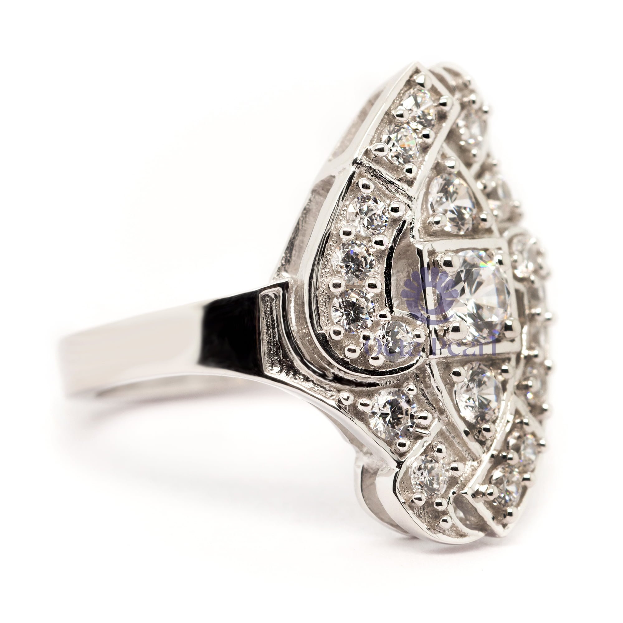 Round Cut Moissanite Vintage Art Deco Filigree Style Navette Women's Ring For Engagement