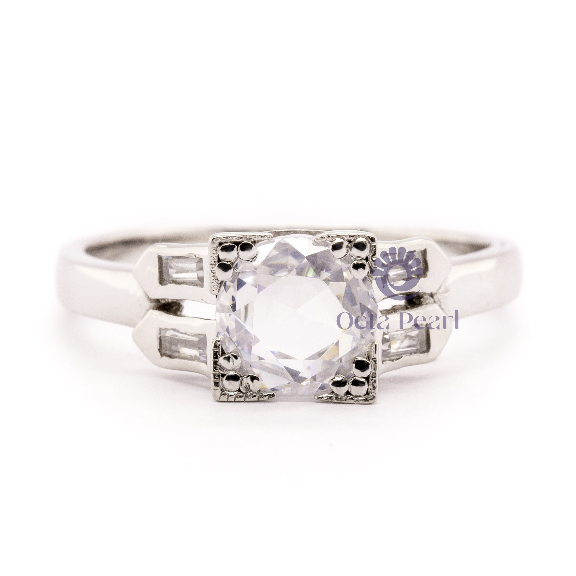 Round And Baguette Cut CZ Five Stone Engagement Bridal Ring