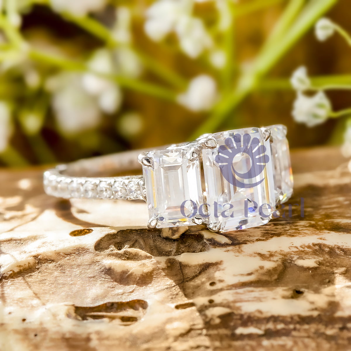 Emerald Cut CZ Three Stone With Accent Wedding-Engagement Bridal Ring