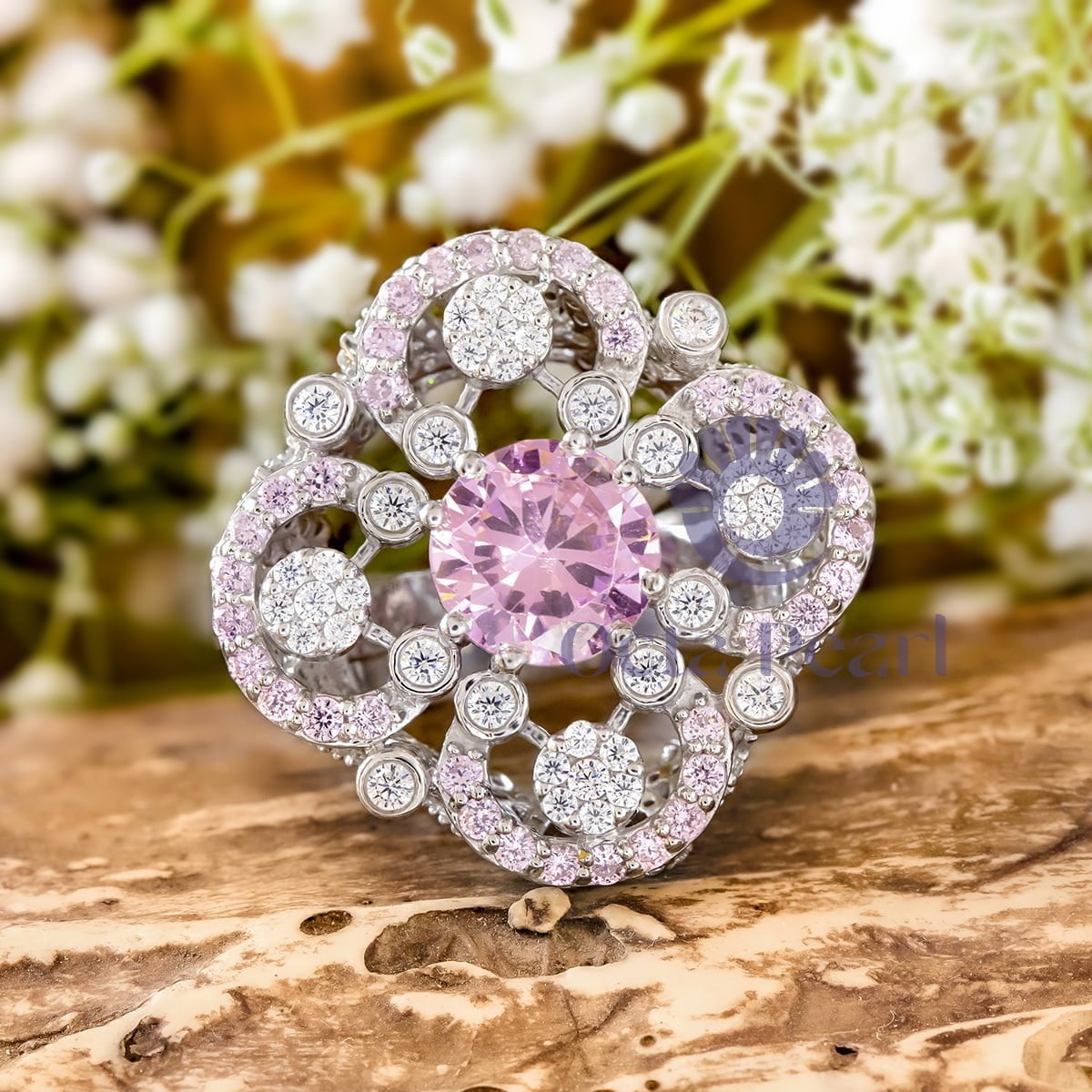 Pink & White Round Cut CZ Stone Floral Inspire Party Wear Cocktail Ring (5/7 TCW)