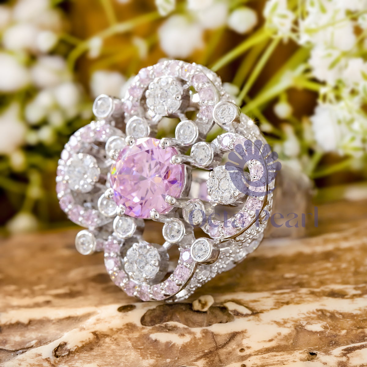 Pink & White Round Cut CZ Stone Floral Inspire Party Wear Cocktail Ring (5/7 TCW)