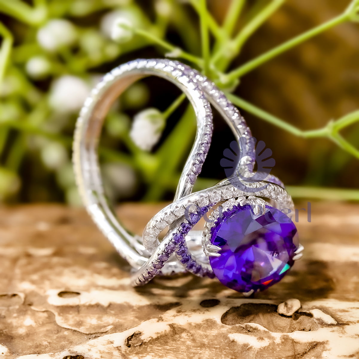 Purple Oval Cut CZ Gemstone Double Band Unique Cocktail Party Wear Ring For Women