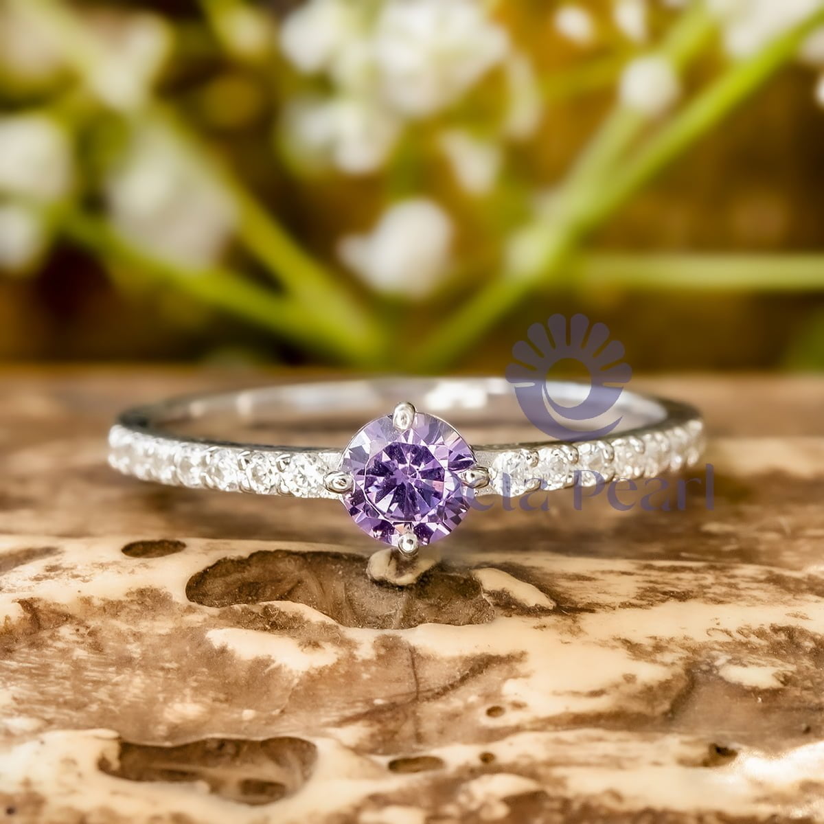 Purple Round CZ Stone Half Circle Shape Minimalist Pendant With Earrings, Bracelet And Ring (2 3/8 TCW)