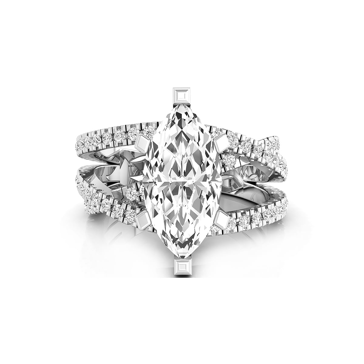Marquise Cut CZ Stone Bypass Shank Solitaire With Accent Engagement Ring (3 1/3 TCW)