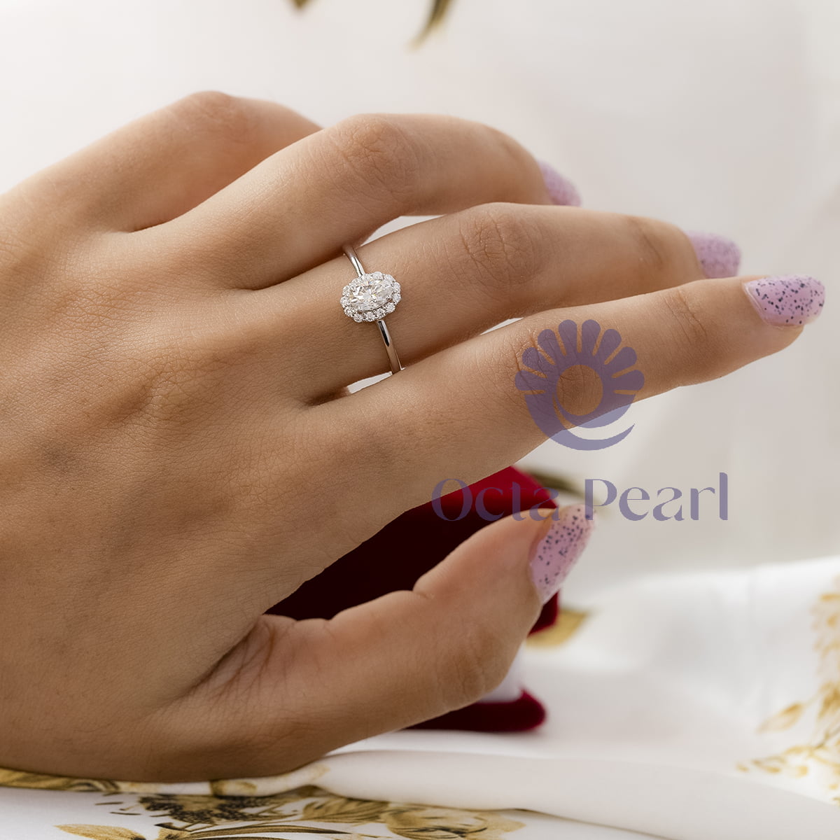 Oval Cut CZ Stone Halo Set Engagement Bride Proposal Ring