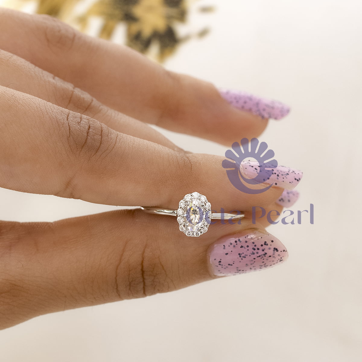 Oval Cut CZ Stone Halo Set Engagement Bride Proposal Ring