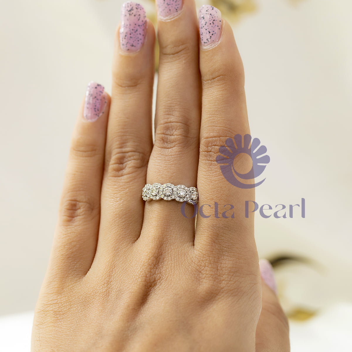 Five Stone Round Cut Moissanite Halo Wedding Engagement Ring ( 4/7 TCW )