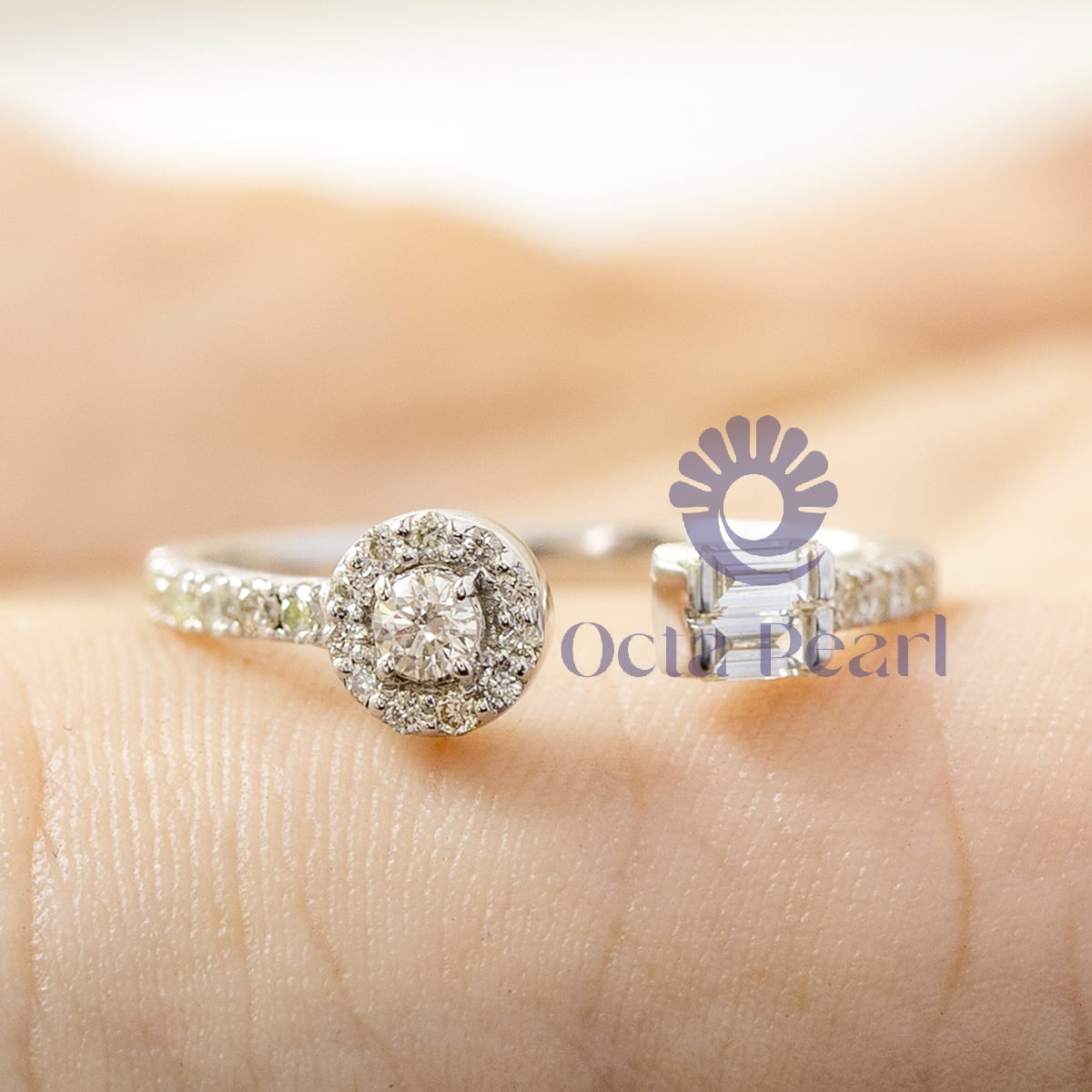 Round And Baguette Cut Three Stone Halo Open Gap Cuff Engagement & Proposal Ring (4/9 TCW)