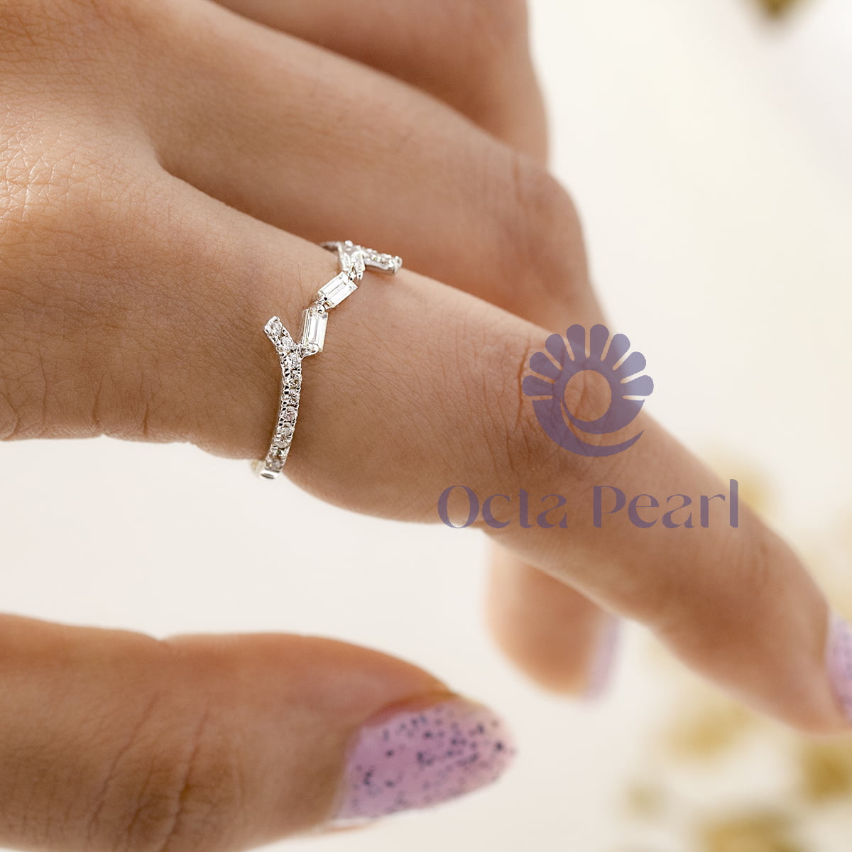 Baguette And Round Cut CZ Stone Dainty Three Stone Bypass Shank Journey Ring For Wedding ( 3/8 TCW)