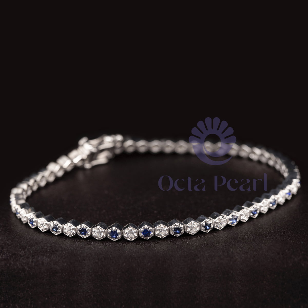Blue Sapphire With White Round Cut CZ Stone Hexagon Shape Tennis Bracelet For Gift ( 1 3/4 TCW )