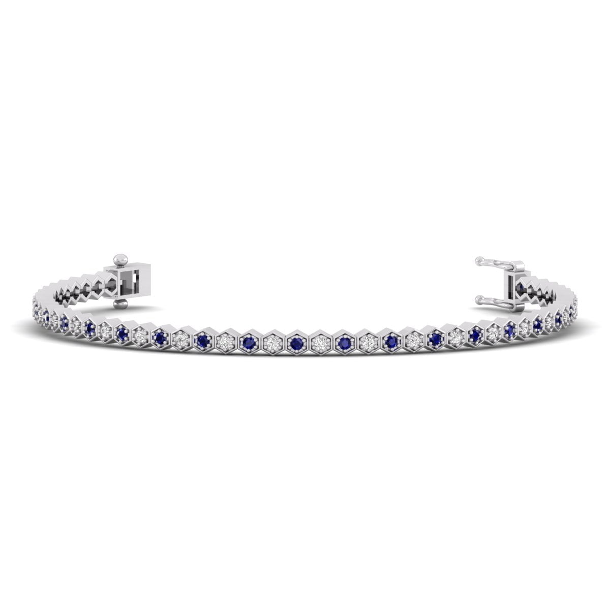 Blue Sapphire With White Round Cut CZ Stone Hexagon Shape Tennis Bracelet For Gift