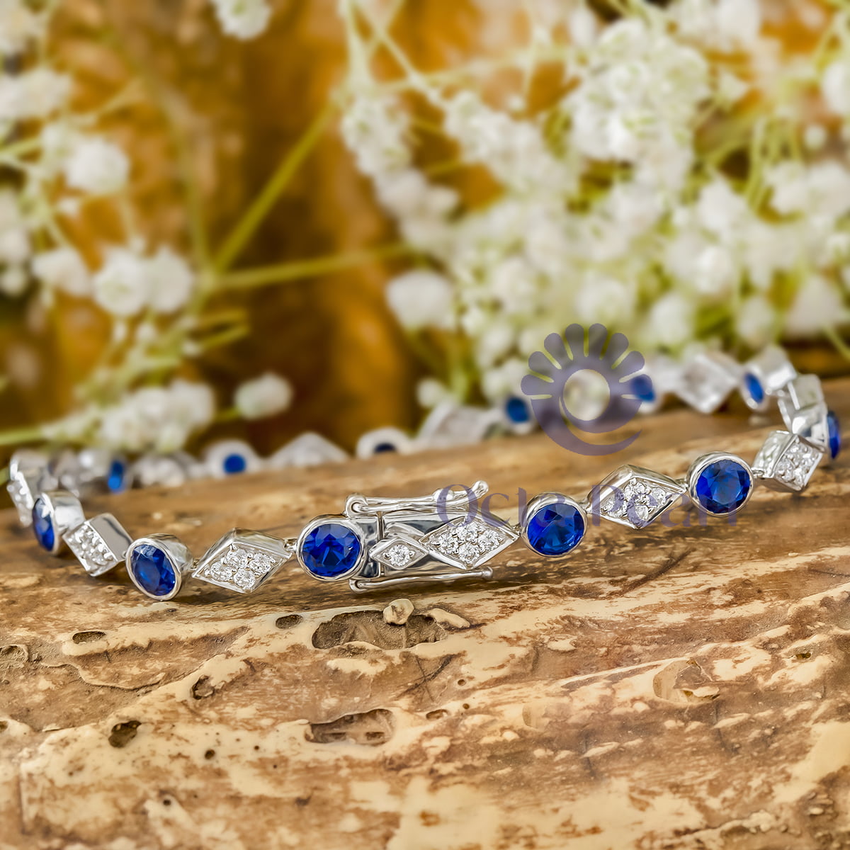 Blue Sapphire & White Round Cut CZ Stone Rhombus Shape Tennis Bracelet For Birthday Gift (5 5/6 TCW)