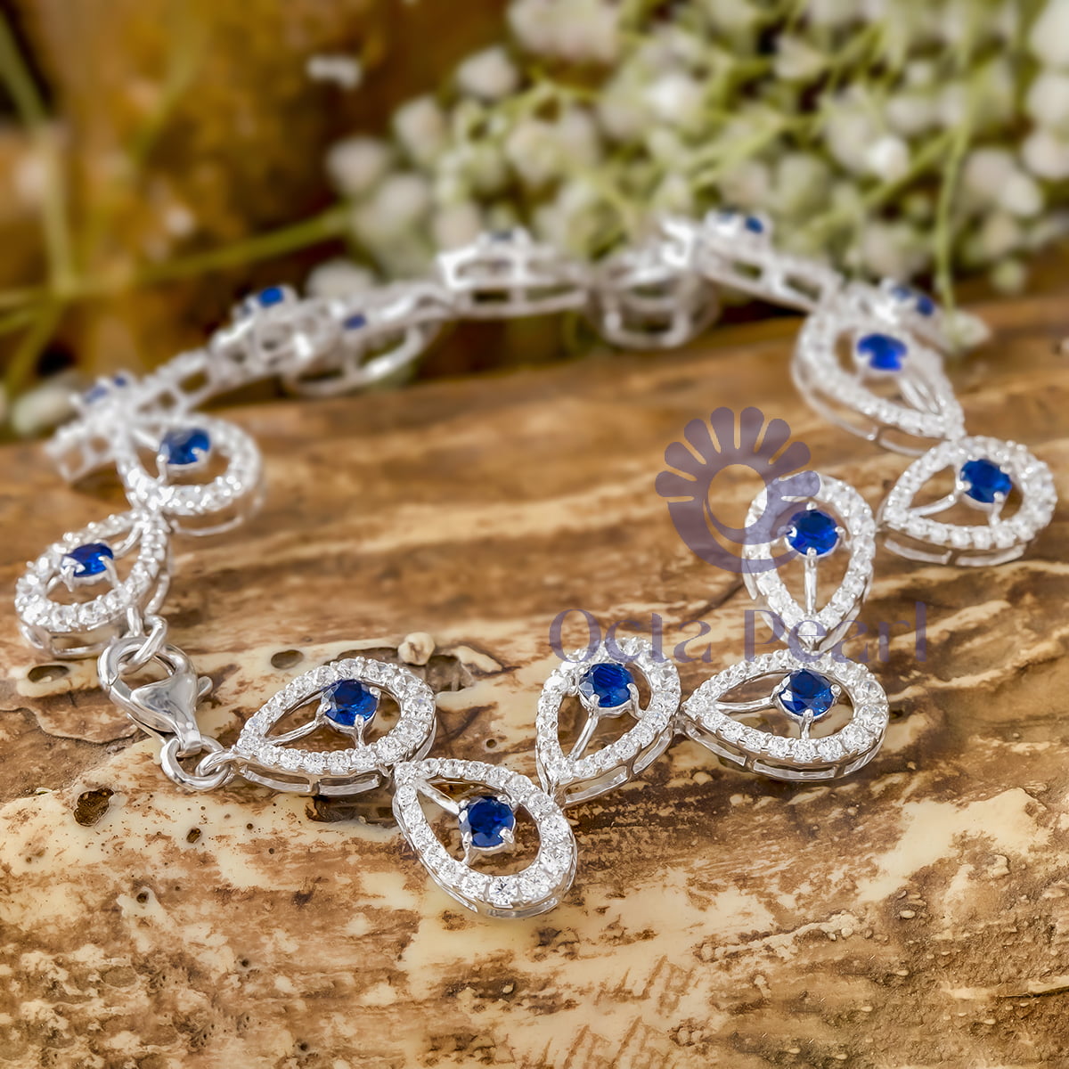 White & Blue Sapphire Round CZ Stone Teardrop Style Beautiful Tennis Bracelet For Any Occasion