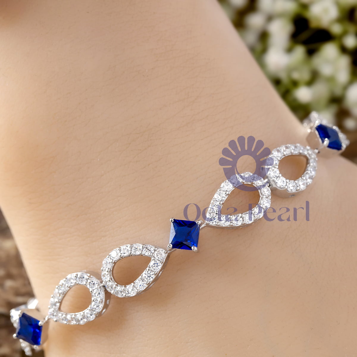 Blue Sapphire With Round White CZ Stone Teardrop Style Tennis Bracelet For ladies