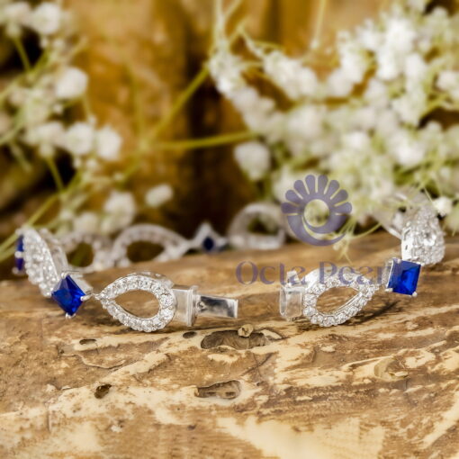 Blue Sapphire With Round White CZ Stone Teardrop Style Tennis Bracelet For ladies