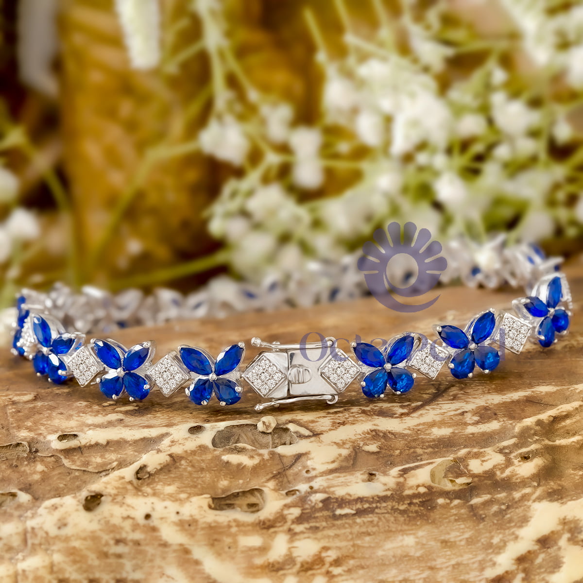 Blue Sapphire Marquise And Pear & Round Cut White CZ Stone Butterfly Inspire Tennis Bracelet