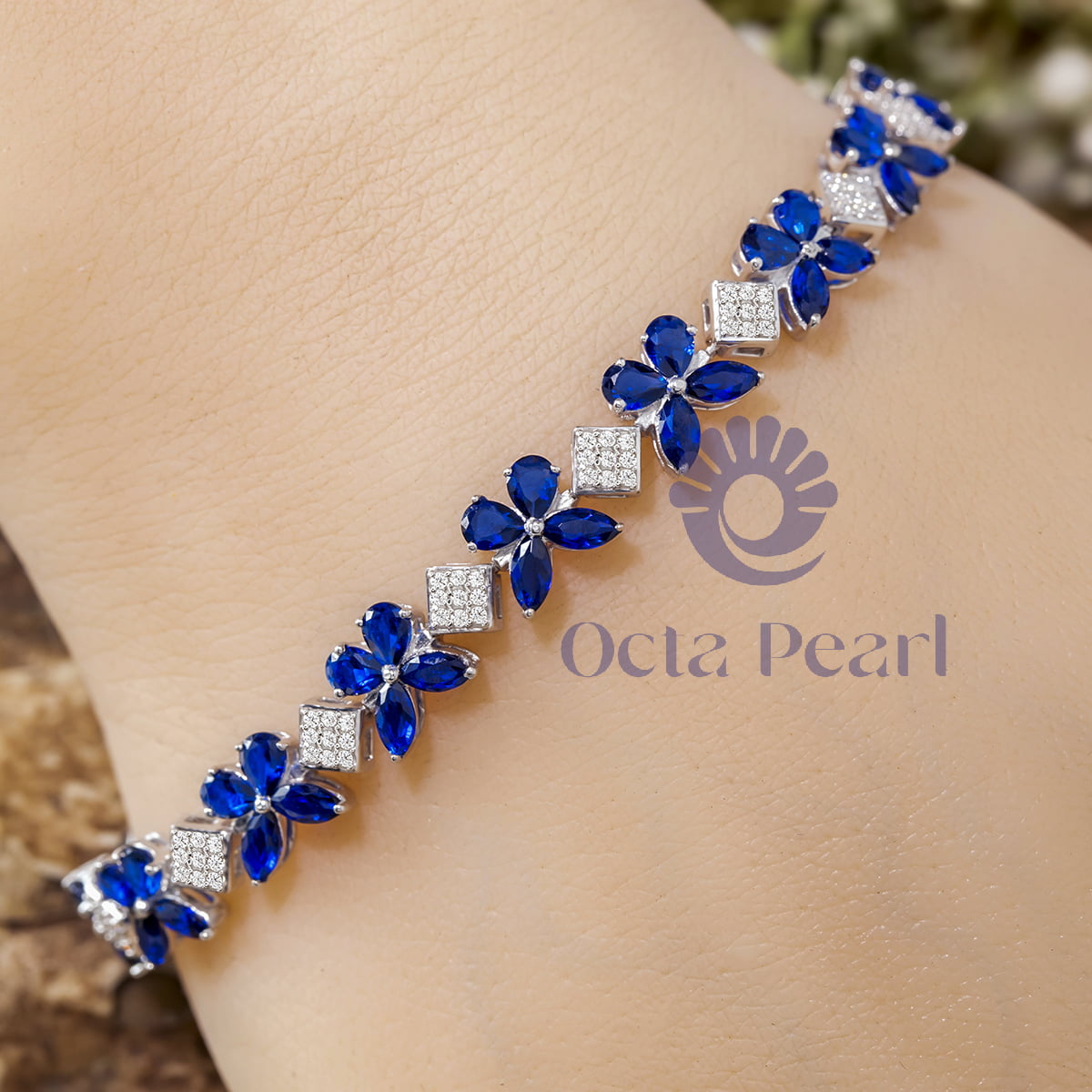 Blue Sapphire Marquise And Pear & Round Cut White CZ Stone Butterfly Inspire Tennis Bracelet