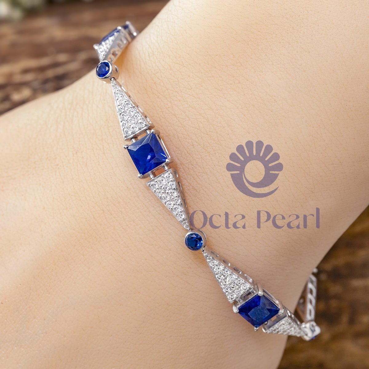 White And Blue Sapphire Princess & Round Cut CZ Stone Tennis Bracelet For Women