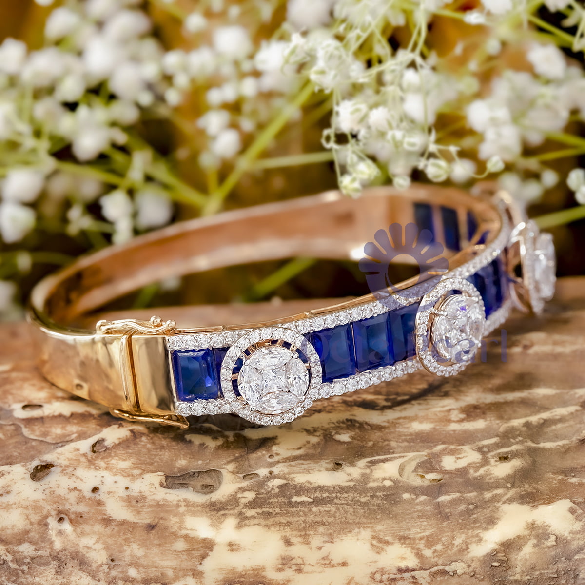 Blue Sapphire Emerald With Multi Cut CZ Stone Studded Bangle Bracelet (17 7/9 TCW)