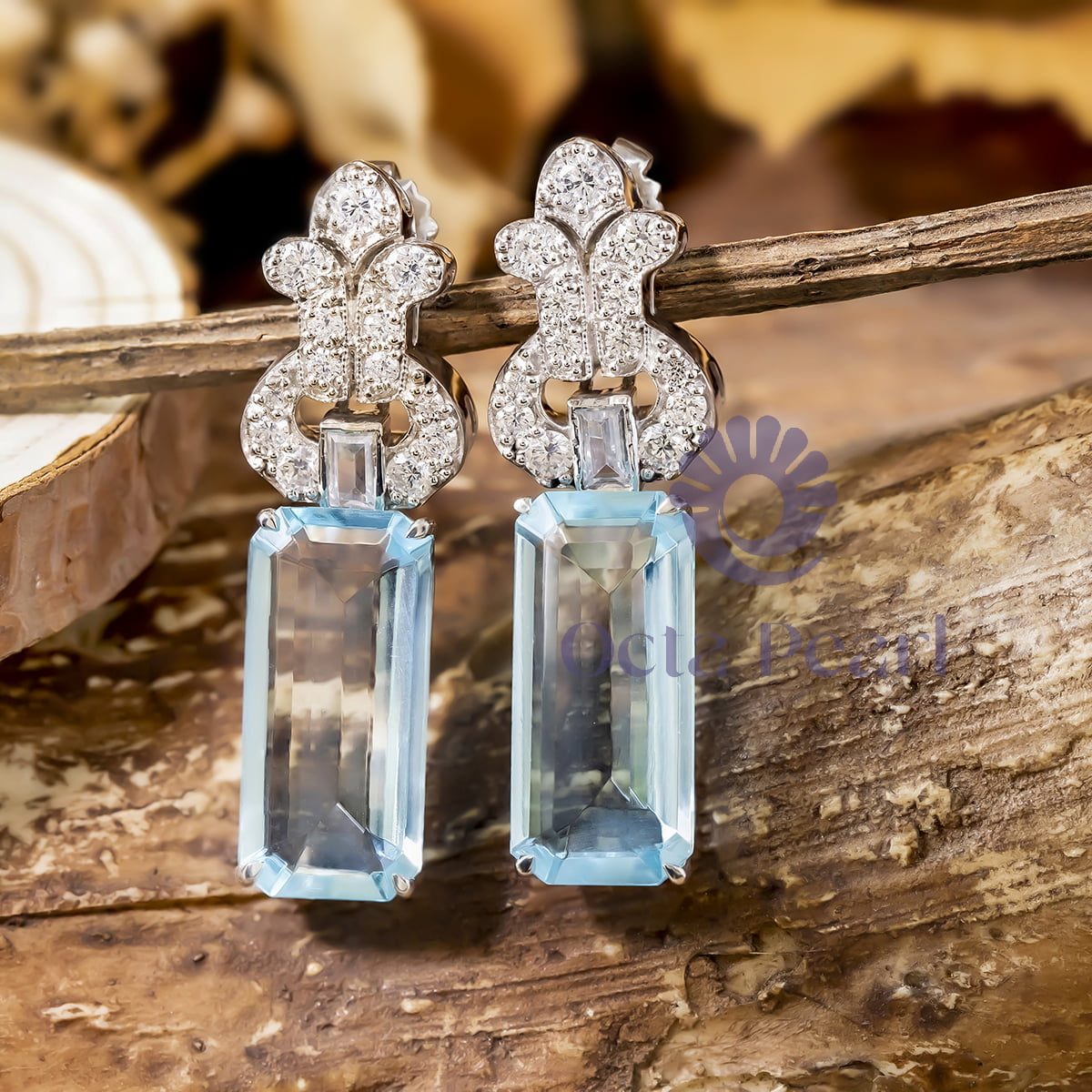 Aquamarine Emerald Cut CZ Stone Antique Vintage Style Drop Dangle Earrings