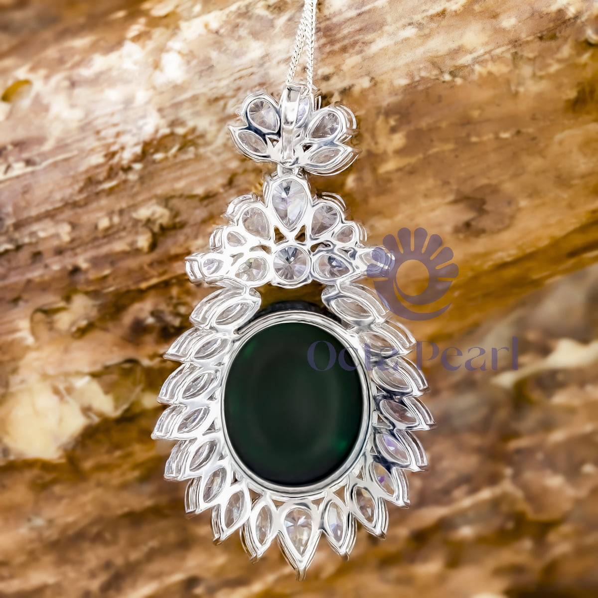 Green Oval Shape Cabochon With Multi Cut CZ Stone Attractive Party Wear Drop Pendant For Women