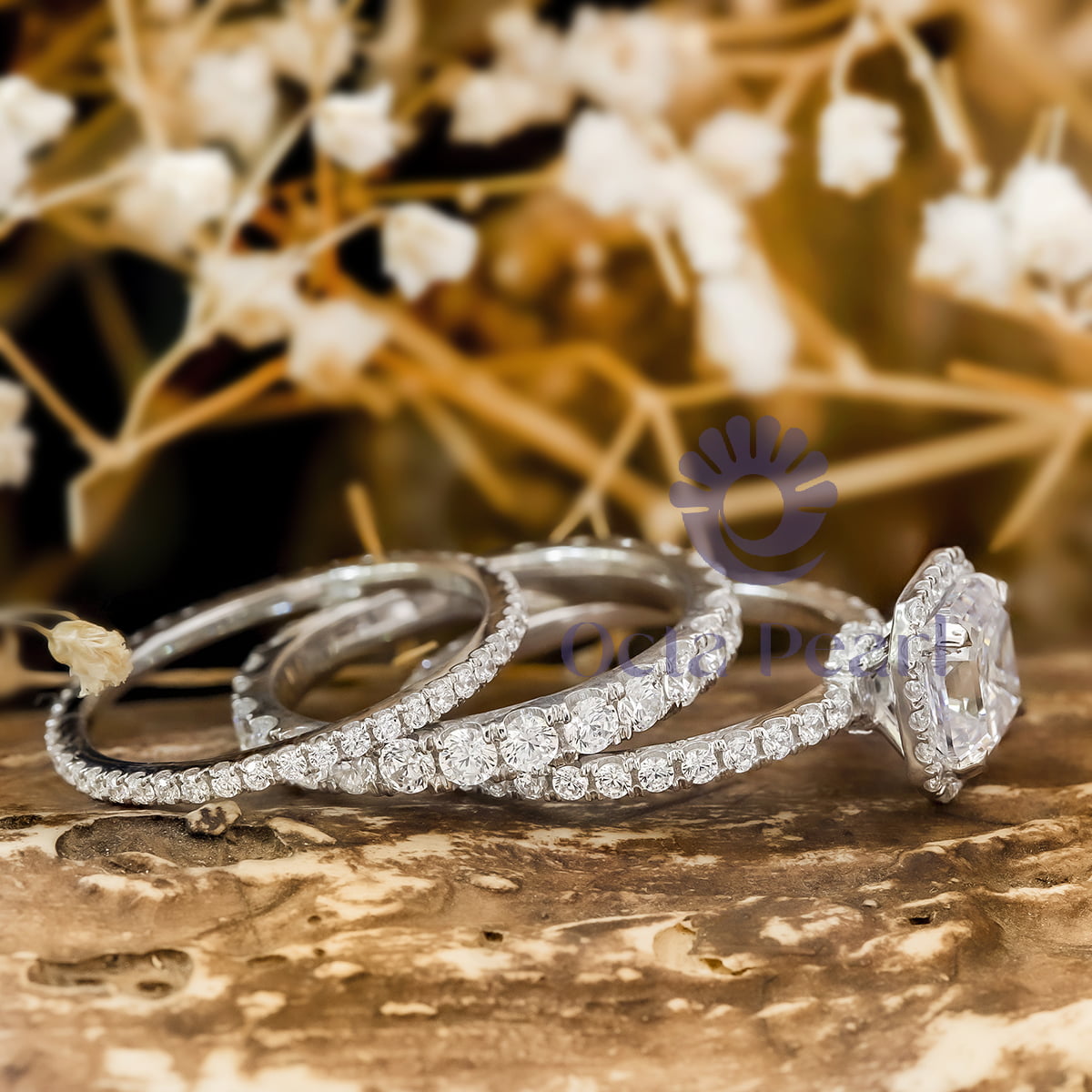 6 MM Asscher Cut Moissanite Halo Three Piece Eternity Bridal Ring Set