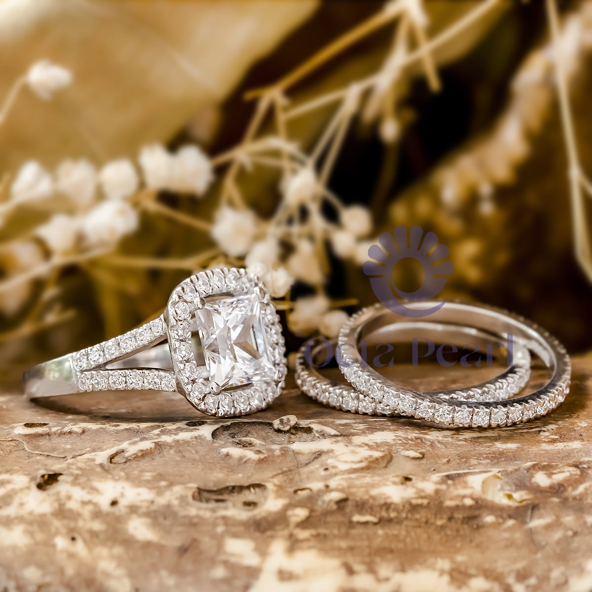 Princess Cut Moissanite Halo Split Shank Three Piece Wedding Bridal Ring Set (5 4/7 TCW)