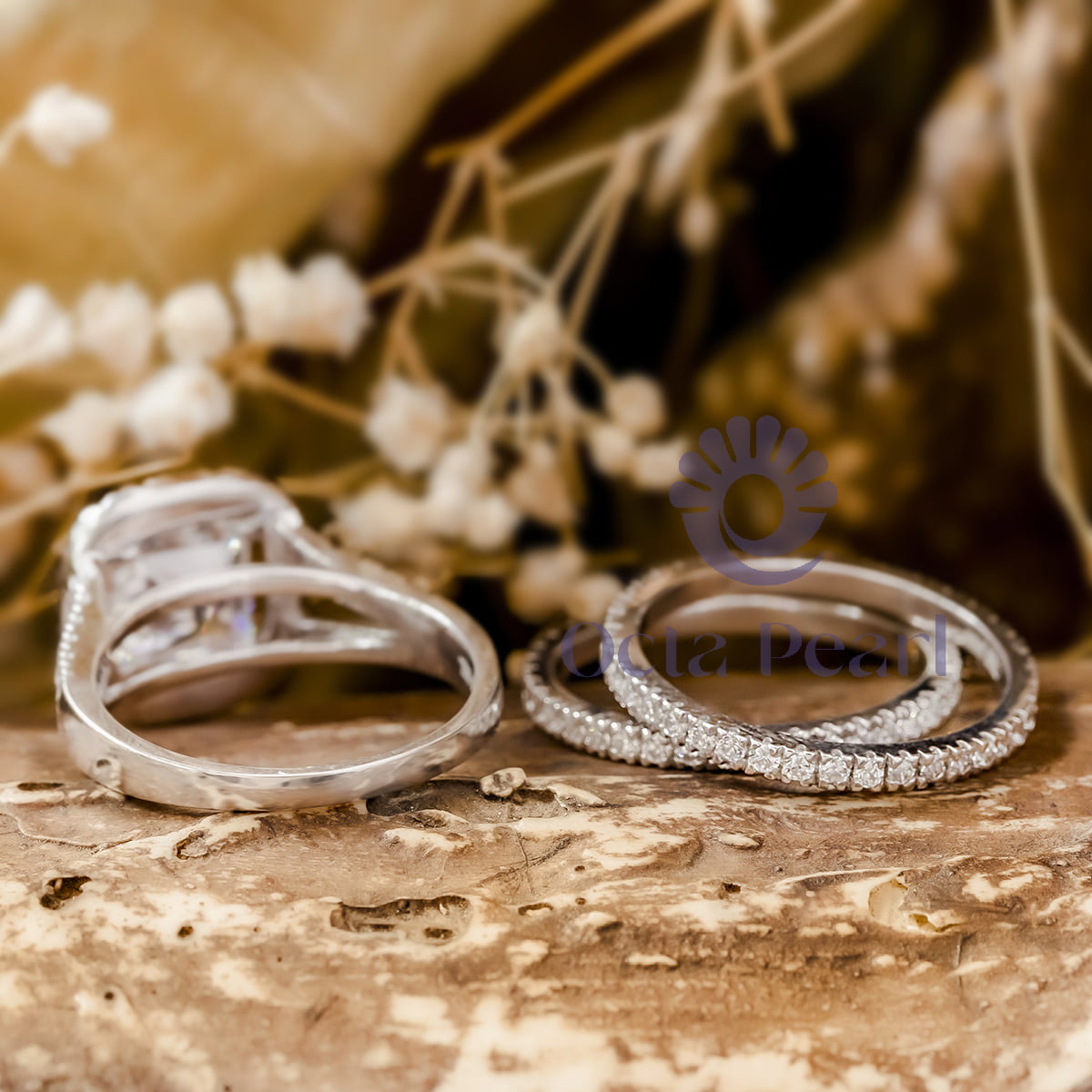Princess Cut Moissanite Halo Split Shank Three Piece Wedding Bridal Ring Set