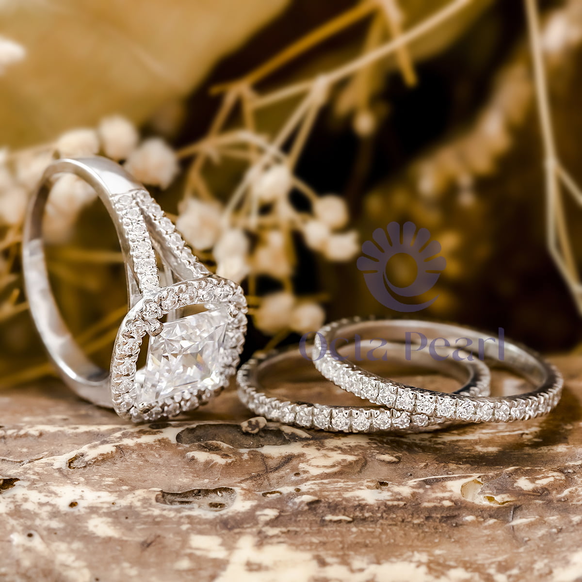 Princess Cut Moissanite Halo Split Shank Three Piece Wedding Bridal Ring Set