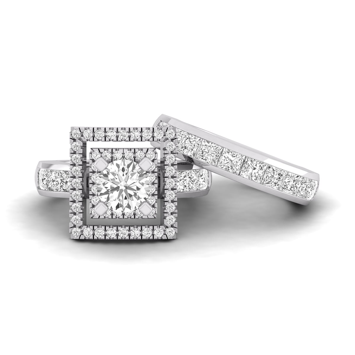 Round And Princess Cut CZ Stone Double Square Halo Channel Setting Wedding Ring Set (4 5/7 TCW)