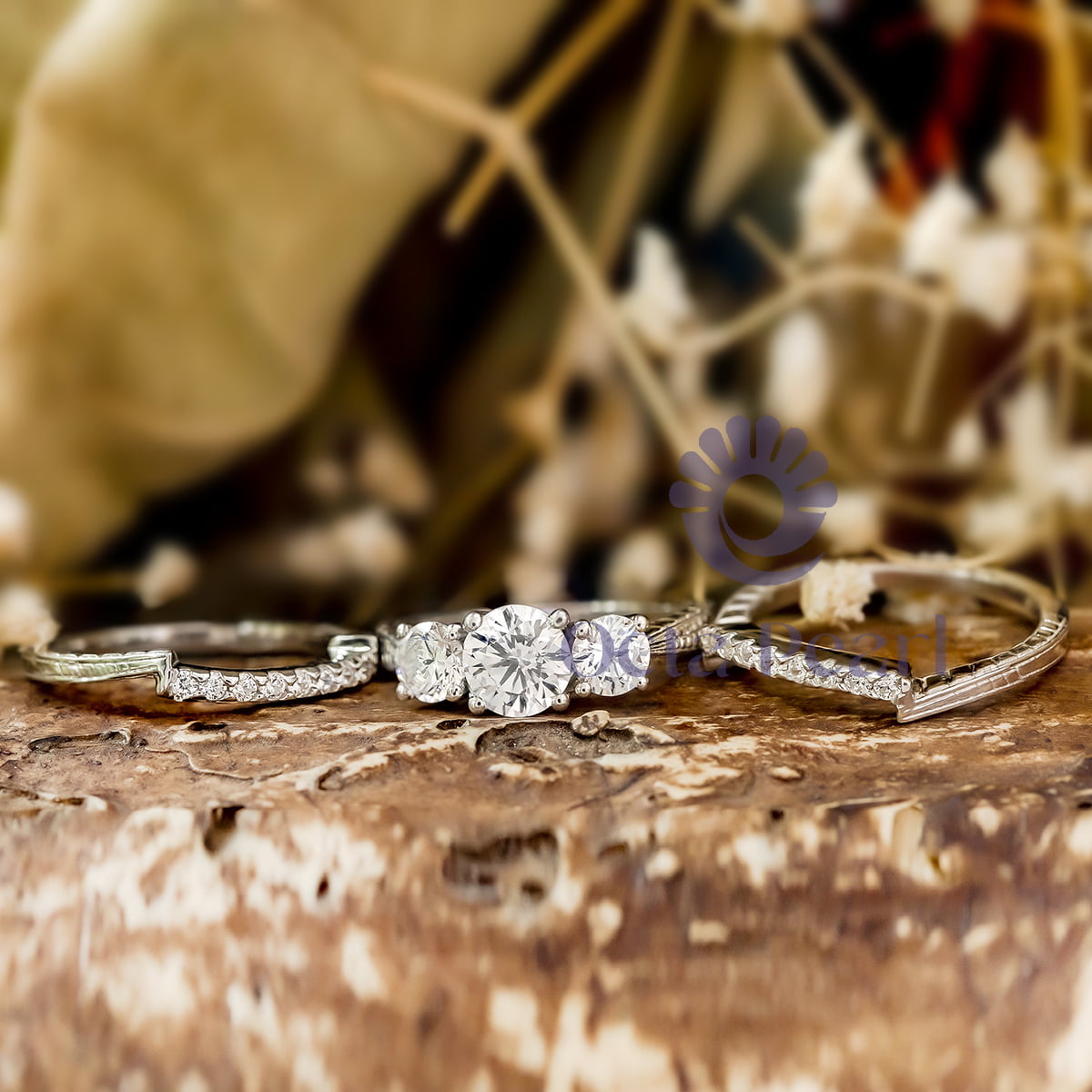 Women's Round Cut Moissanite Three Stone Three Piece Bridal Ring Set