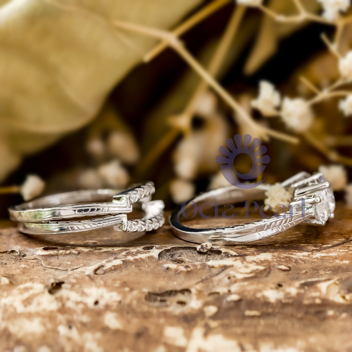 Women's Round Cut Moissanite Three Stone Three Piece Bridal Ring Set