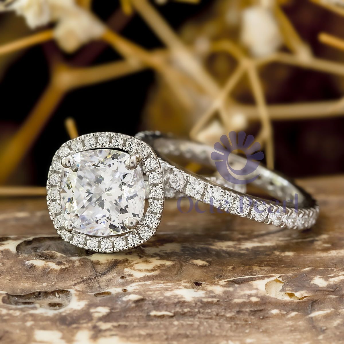 Cushion & Round Cut Moissanite Halo Wedding Engagement Ring Set (4 5/9 TCW)