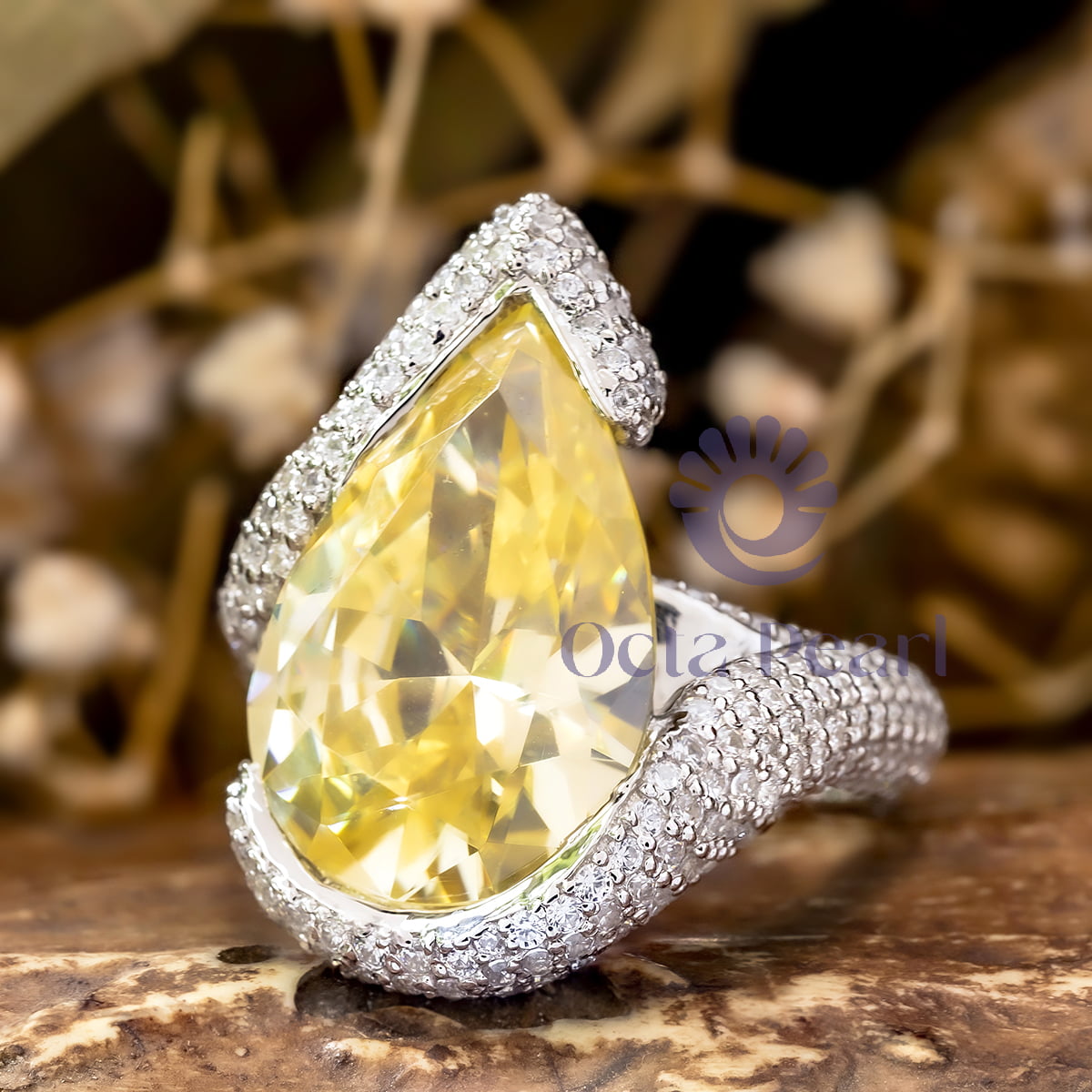 21x14 MM Canary Yellow Pear Cut CZ Stone Bypass Shank Cocktail Engagement Ring