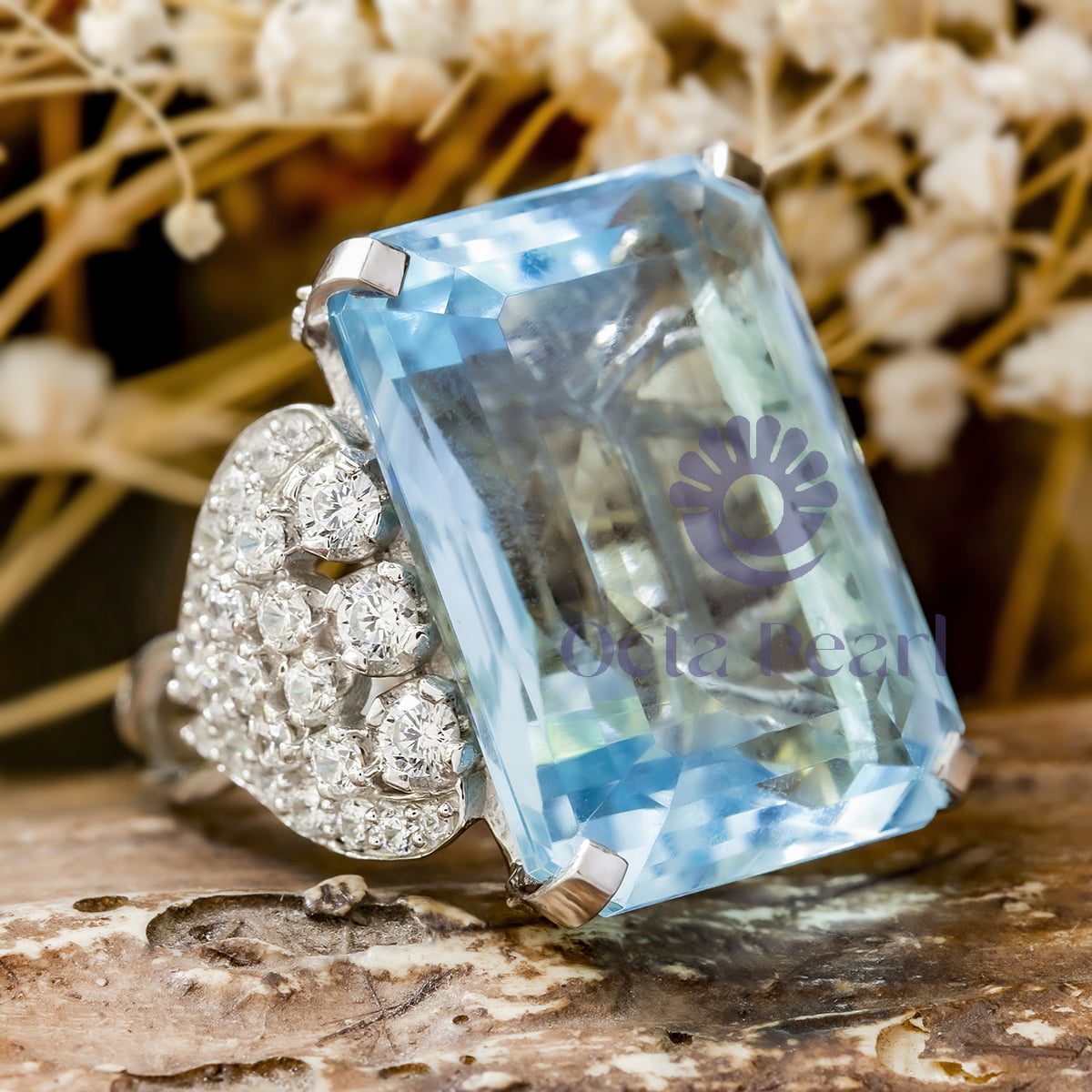 Aquamarine Emerald With Round White CZ Stone Cocktail Ring For Any Occasion