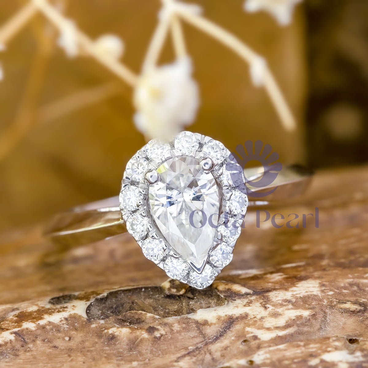 Pear With Round Cut Moissanite Teardrop Halo Engagement Ring (1 2/15 TCW)