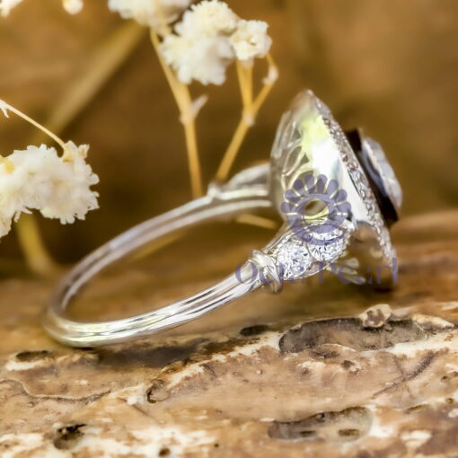 Old European Cut Moissanite With Black Enamel Milgrain Halo Art Deco Wedding Ring