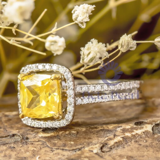 Cushion Cut Yellow CZ Stone Halo Double Band Engagement Ring For Girlfriends