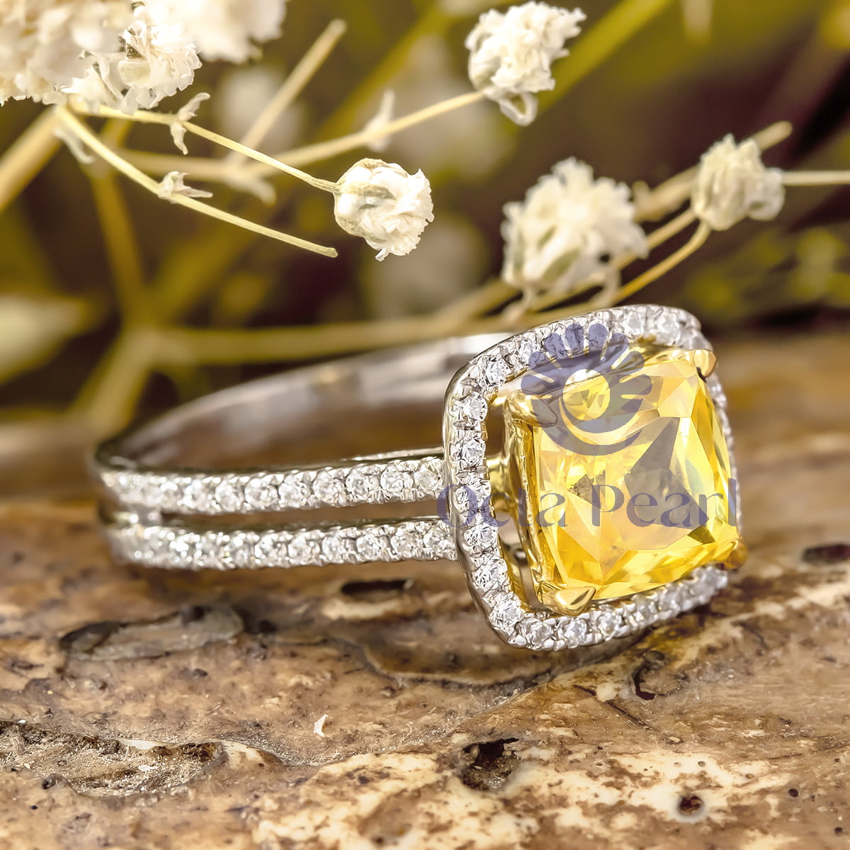 Cushion Cut Yellow CZ Stone Halo Double Band Engagement Ring For Girlfriends (3 1/5 TCW)