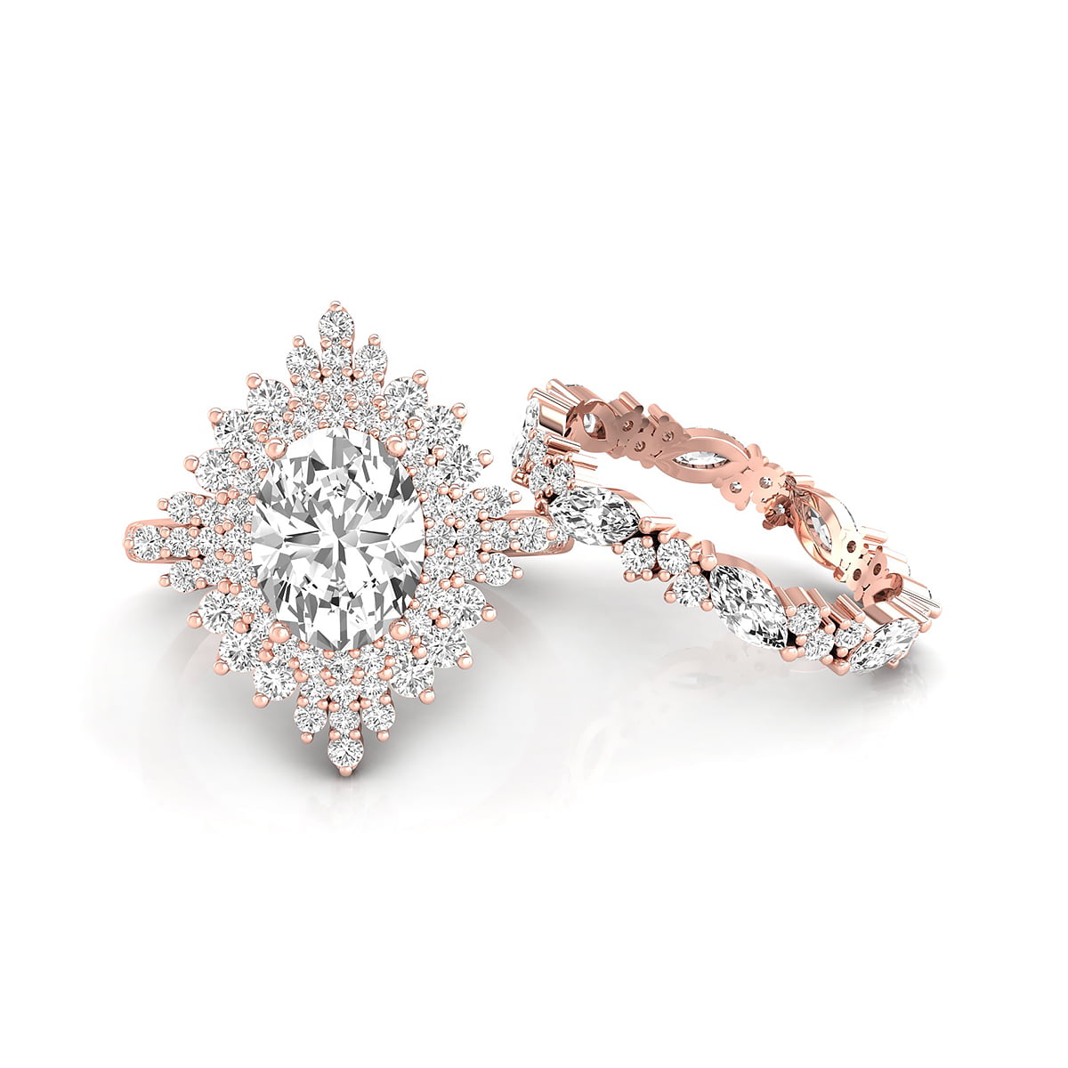 Oval-Marquise And Round Cut CZ Stone Starburst Halo Bridal Ring Set For Wedding